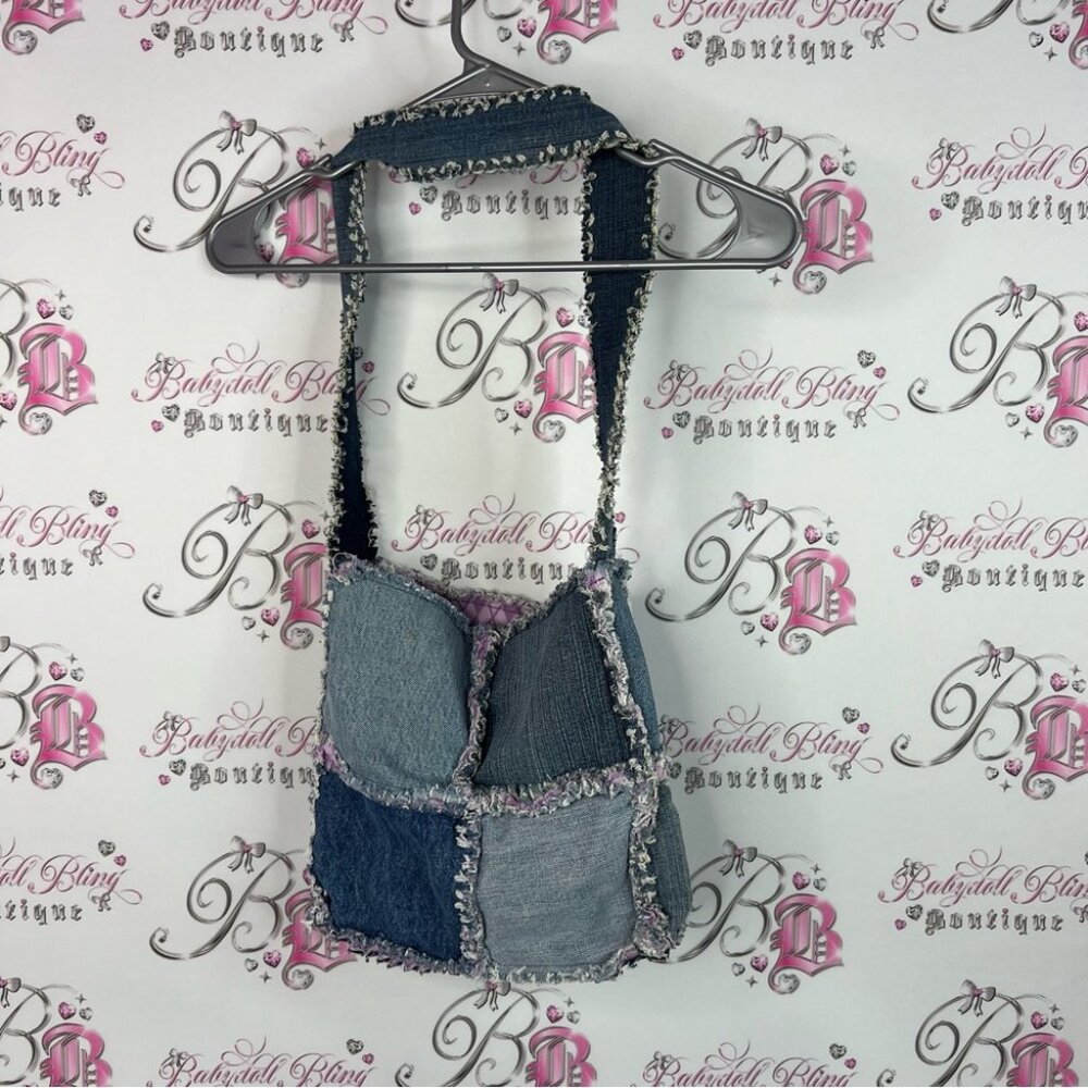 Bag Patchwork Jean Distressed Argyle Interior Pur… - image 2